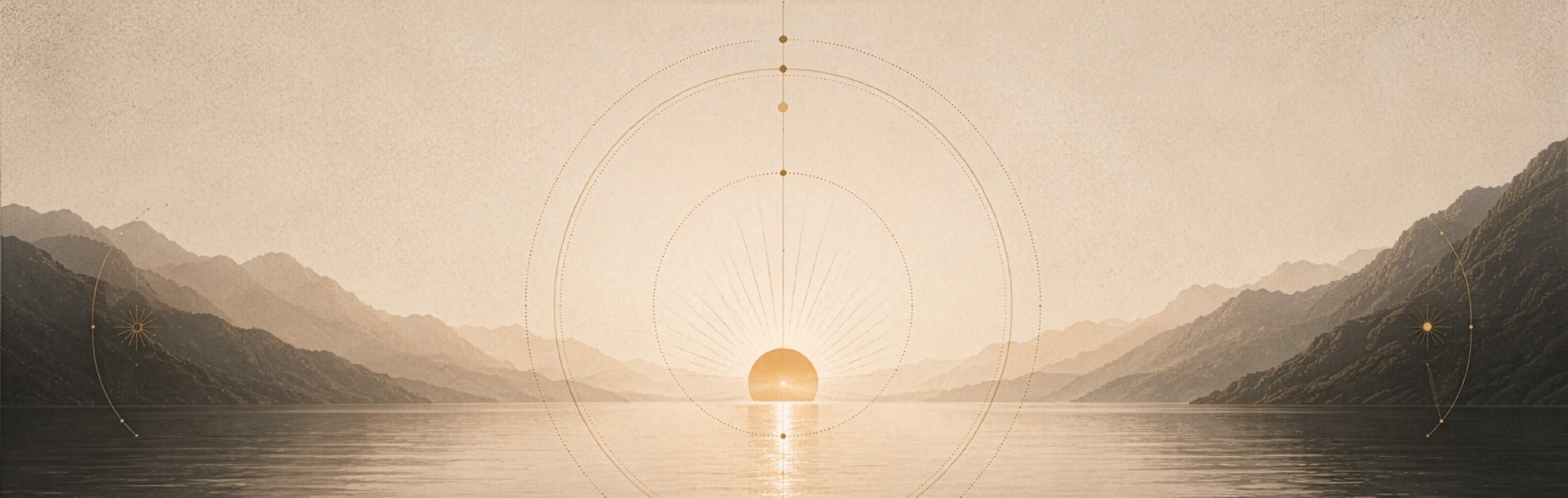 Paisagem com sol nascente sobre lago e montanhas.
