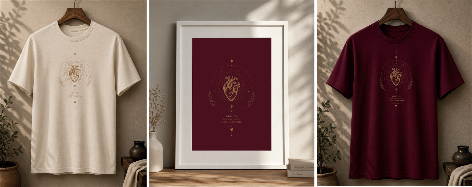 Camiseta Amai-vos nas cores areia e vinho, e quadro emoldurado em papel Marsala com a mesma obra.