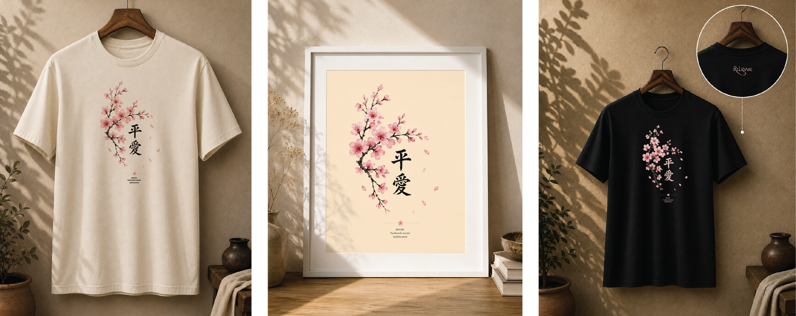 Camiseta Bela Flor nas cores branca e preta, e quadro emoldurado em papel Pólen com a mesma obra.