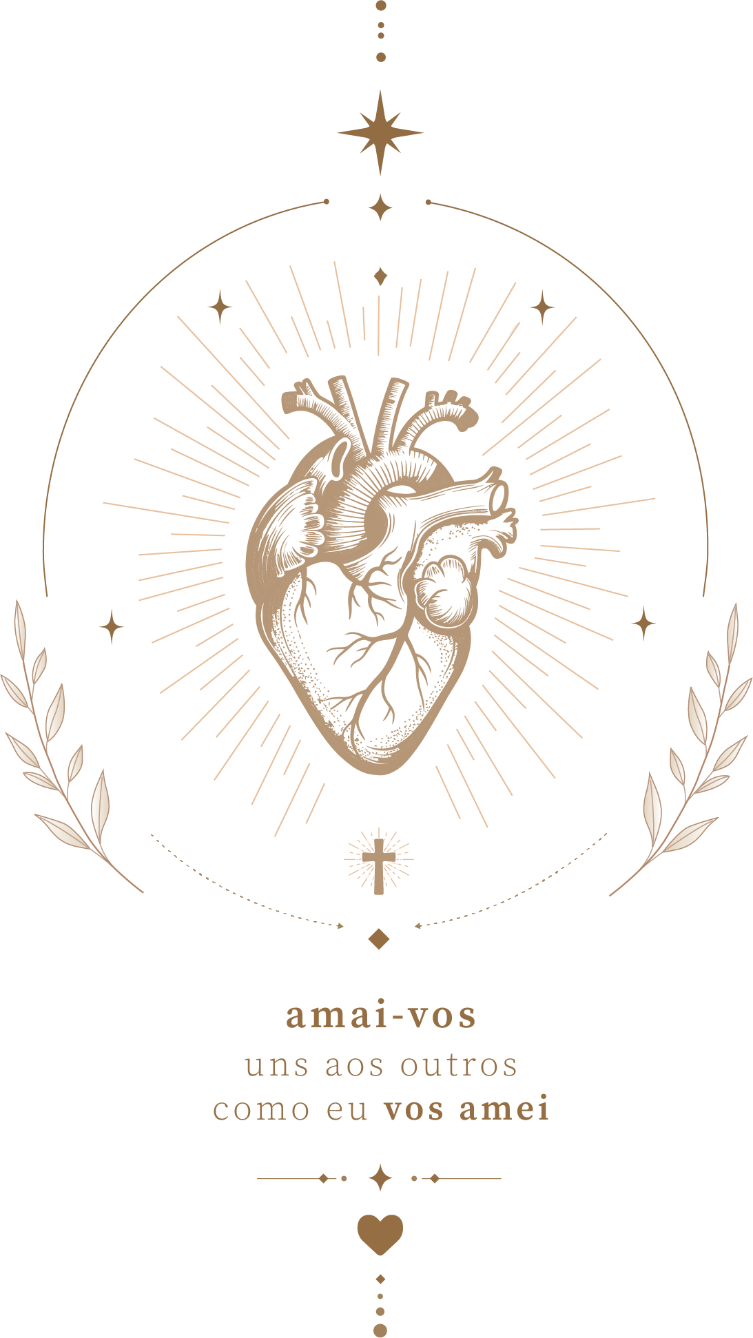 Ilustração de um coração radiante, ladeado por ramos, com uma pequena cruz e uma estrela-guia acima — símbolo da obra Amai-vos.