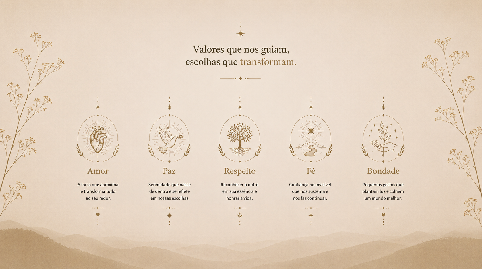 Painel com símbolos e valores: amor, paz, respeito, fé e bondade.